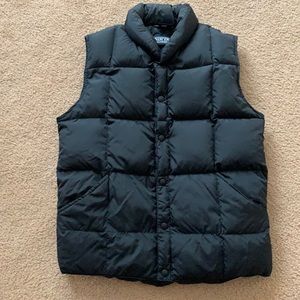 Lands’ End black button-front down vest with slit pockets, size 14 - 16.